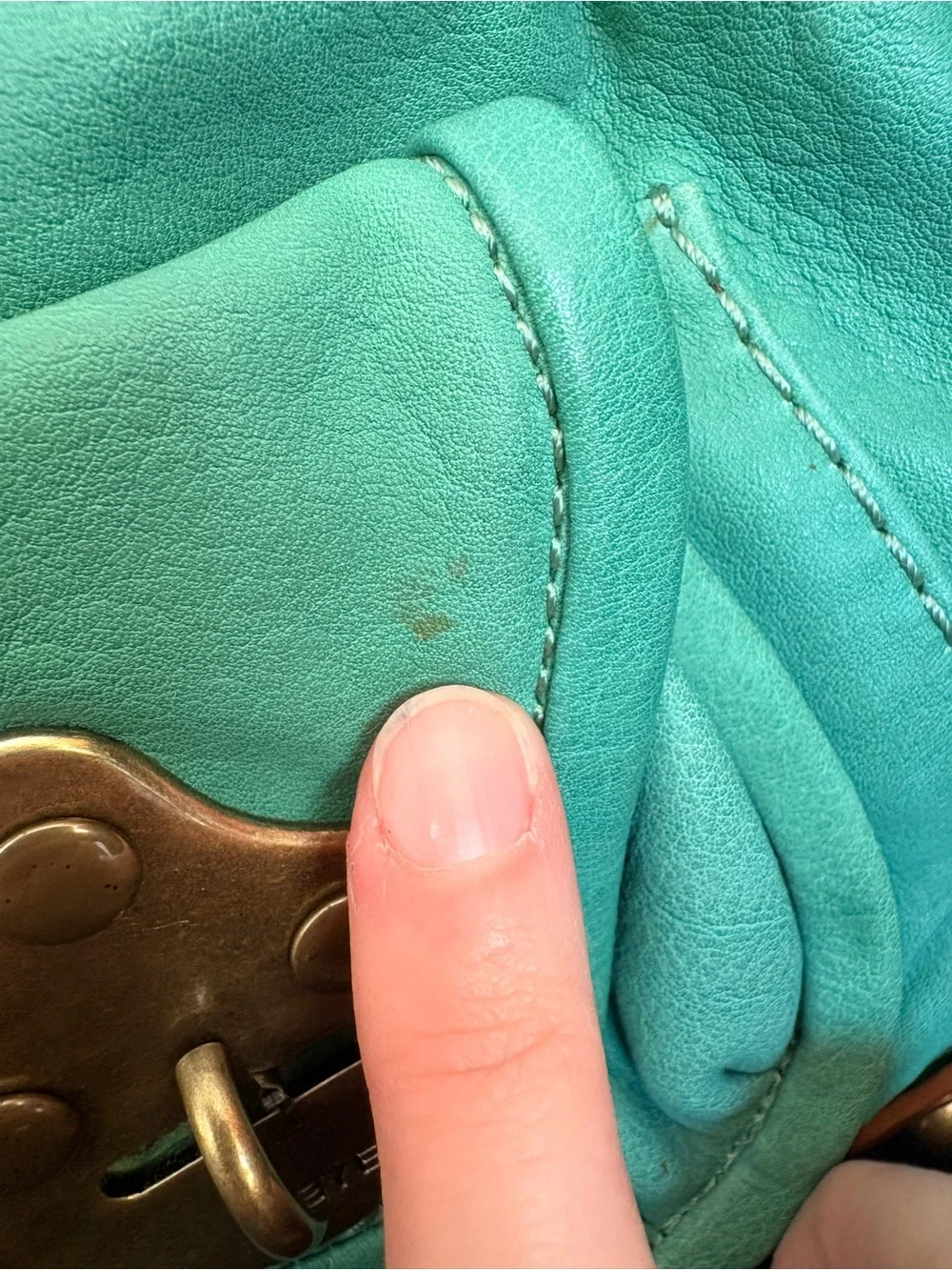 RARE Y2K Frye Turquoise Leather Ruched-Handle Shoulder Bag with Brass Hardware
